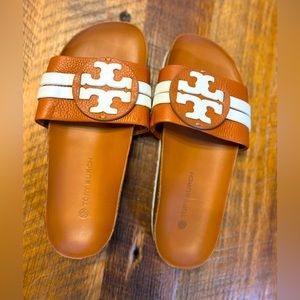 Tory Burch, never worn, beautiful rich tan/brown slides